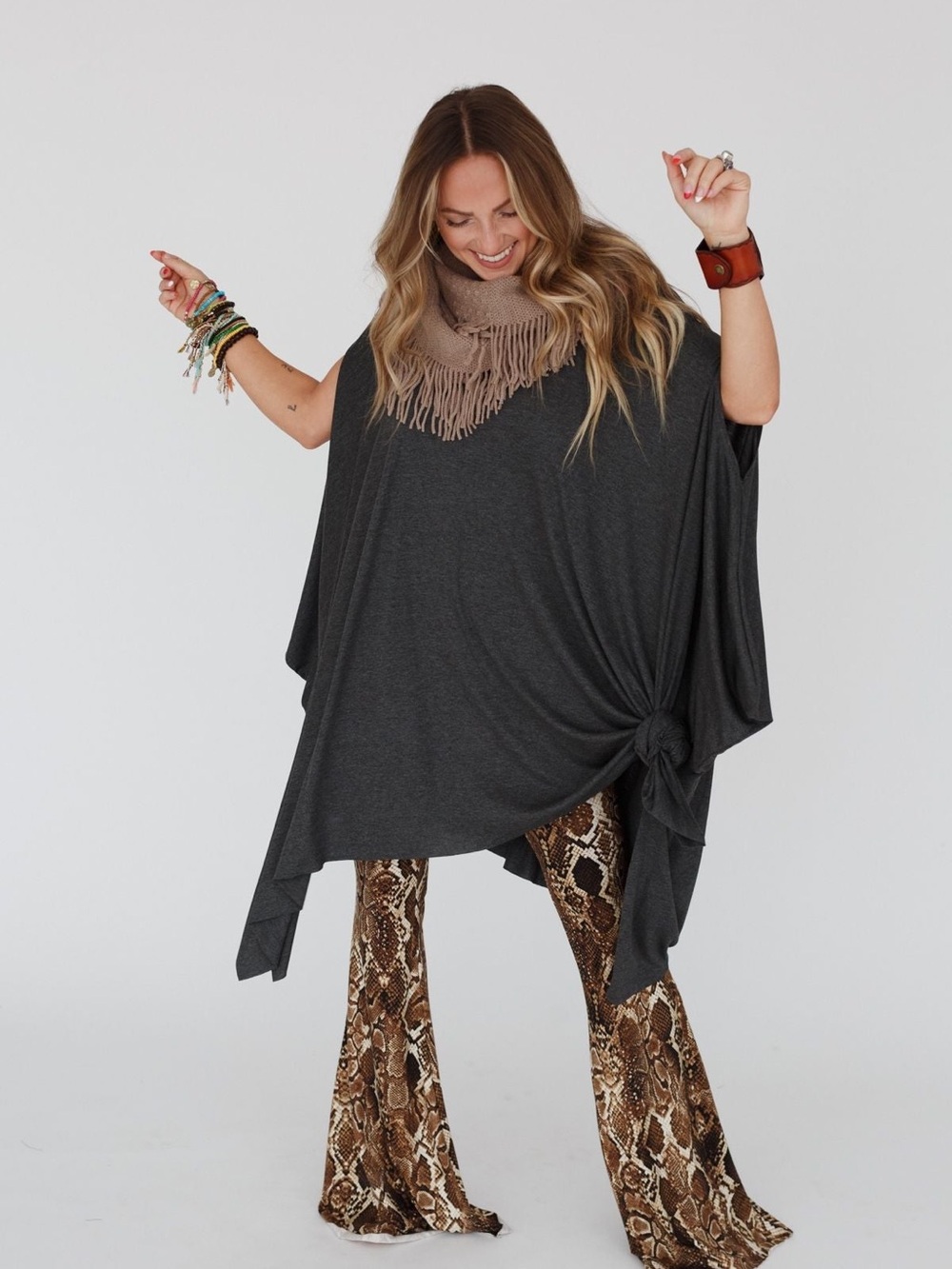 Three Bird Nest Wren Tunic Boho Oversized Swing Top Charcoal One Size Fits Most - Picture 3 of 11